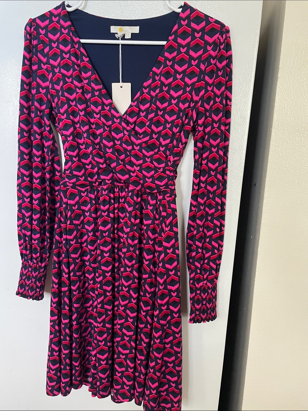 Boden 2P Pink Navy NWT Long Sleeve Pocketed Midi Viscose Stylish Dress New